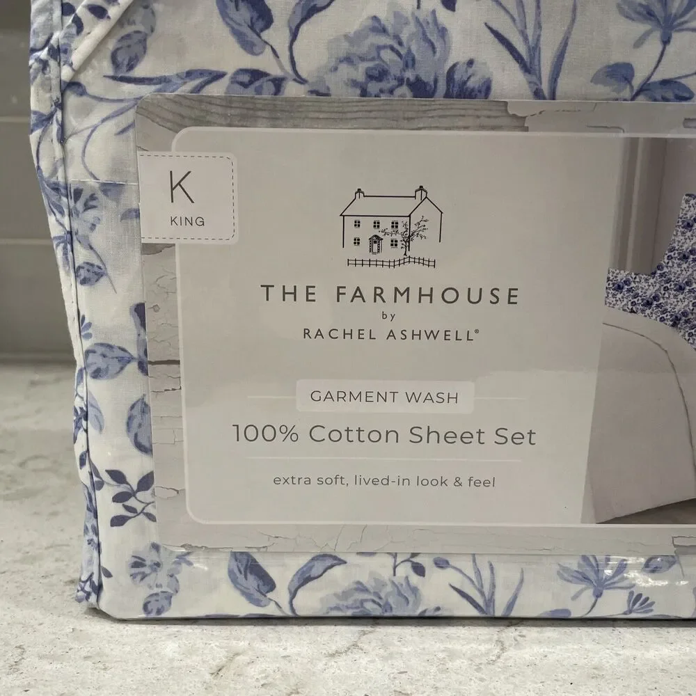 The Farmhouse KING Rachel Ashwell 100% Cotton Flower Floral Blue White Sheet Set